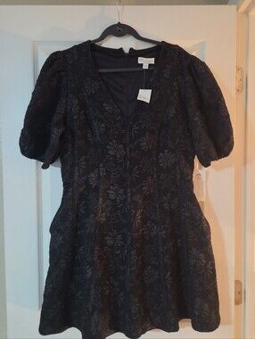 Cato Black Floral Jacquard V-Neck Dress with Puff Details XL Stretch New